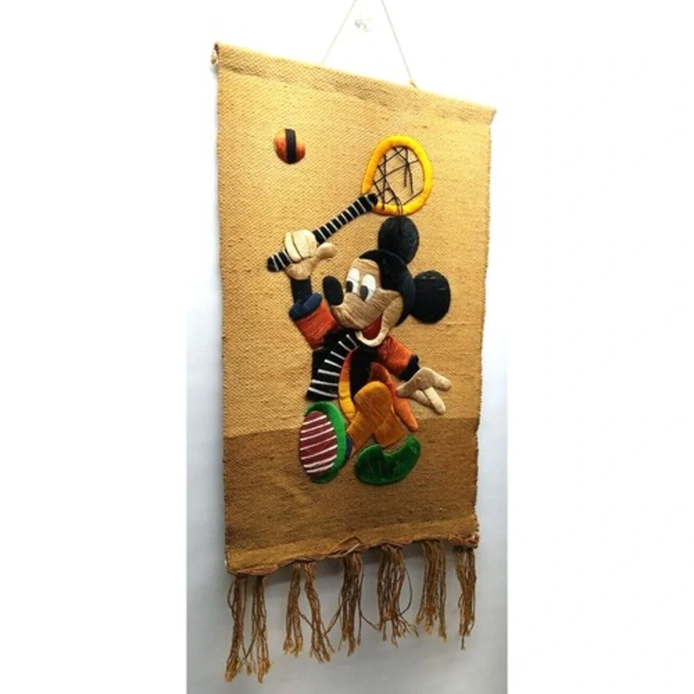 MICKEY MOUSE Woven Burlap Vintage‎ Wall Hanging Tapestry Embroidery Plays Tennis